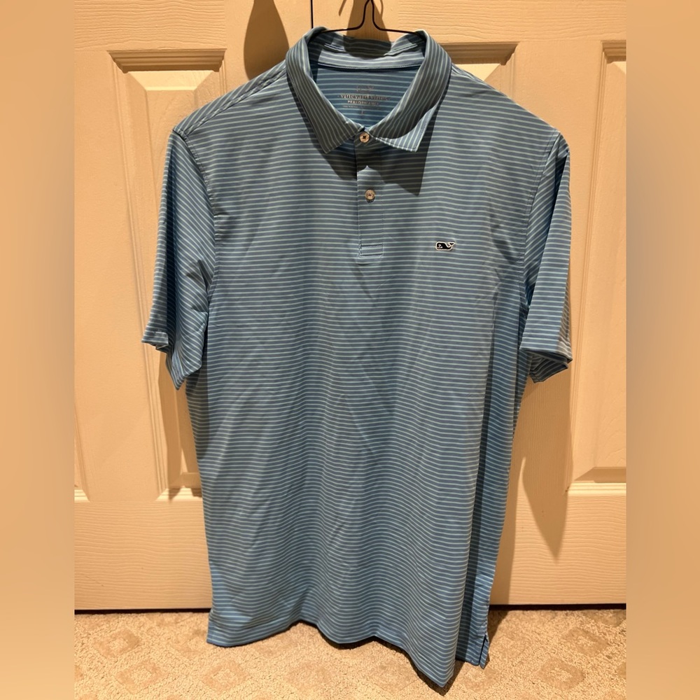 Vineyard Vines Men’s Short Sleeved Polo Shirt, Baby Blue / Turquoise Striped